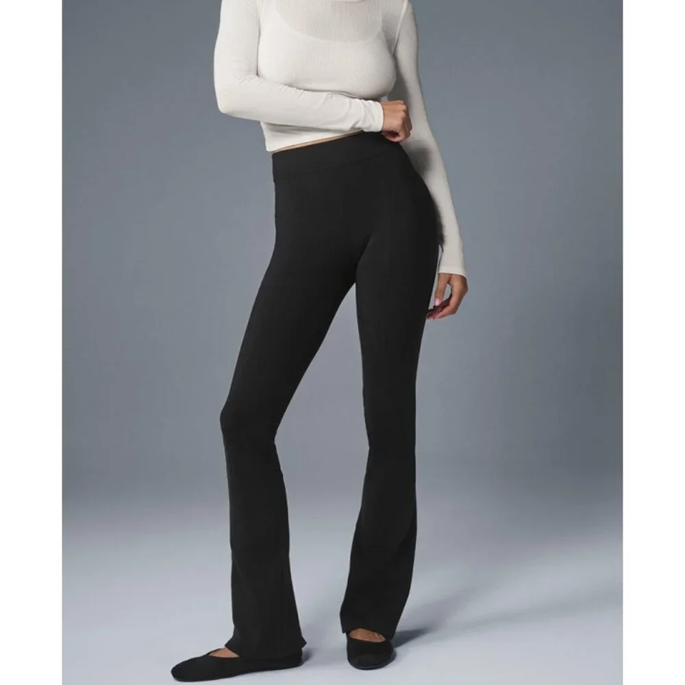 Alo High-Waist Rise Kick-Back Flutter Leggings Black Seamed Back Slit Hem Flare